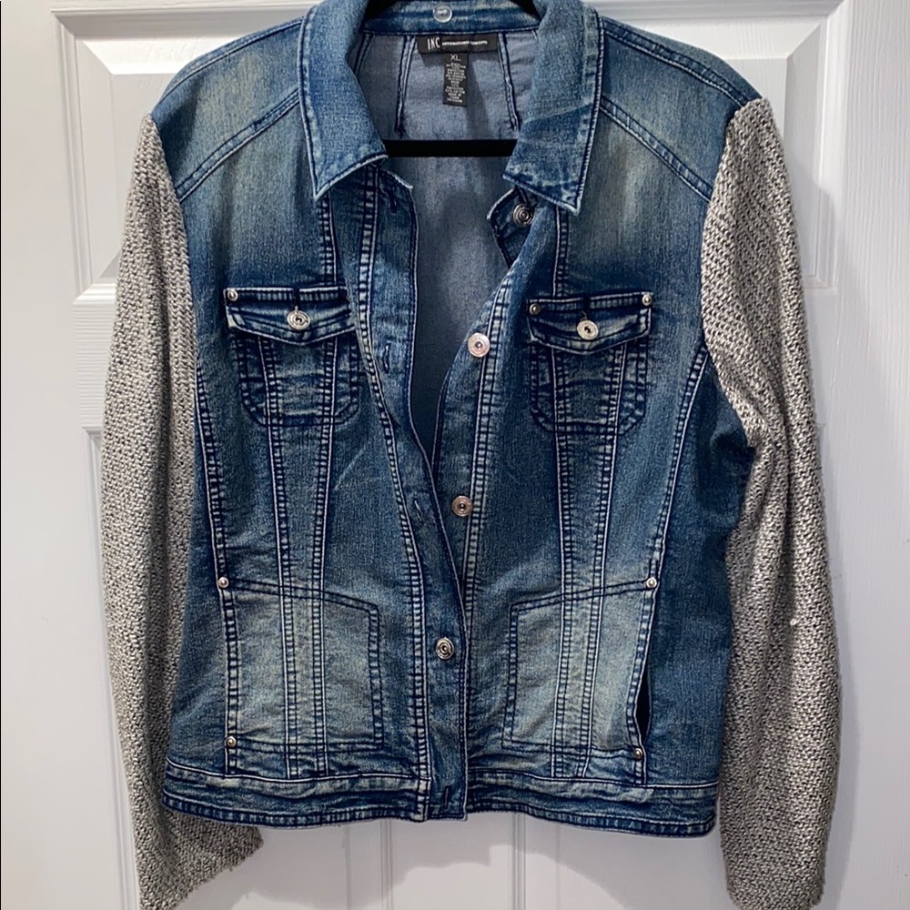 INC International Concepts Denim Jacket with Gray Knit Sleeves